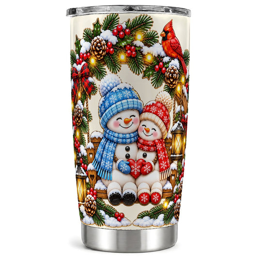 Snowman Couple Tumbler 20oz, Holiday Stainless Steel Travel Cup
