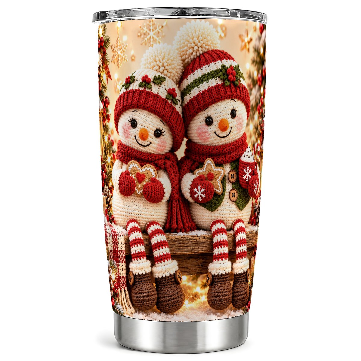 Crochet Snowman Couple Tumbler 20oz, Winter Stainless Steel Travel Cup