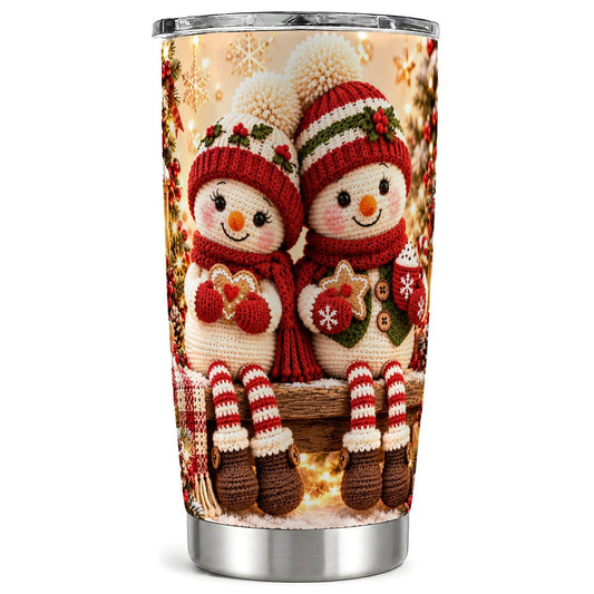 Crochet Snowman Couple Tumbler 20oz, Winter Stainless Steel Travel Cup