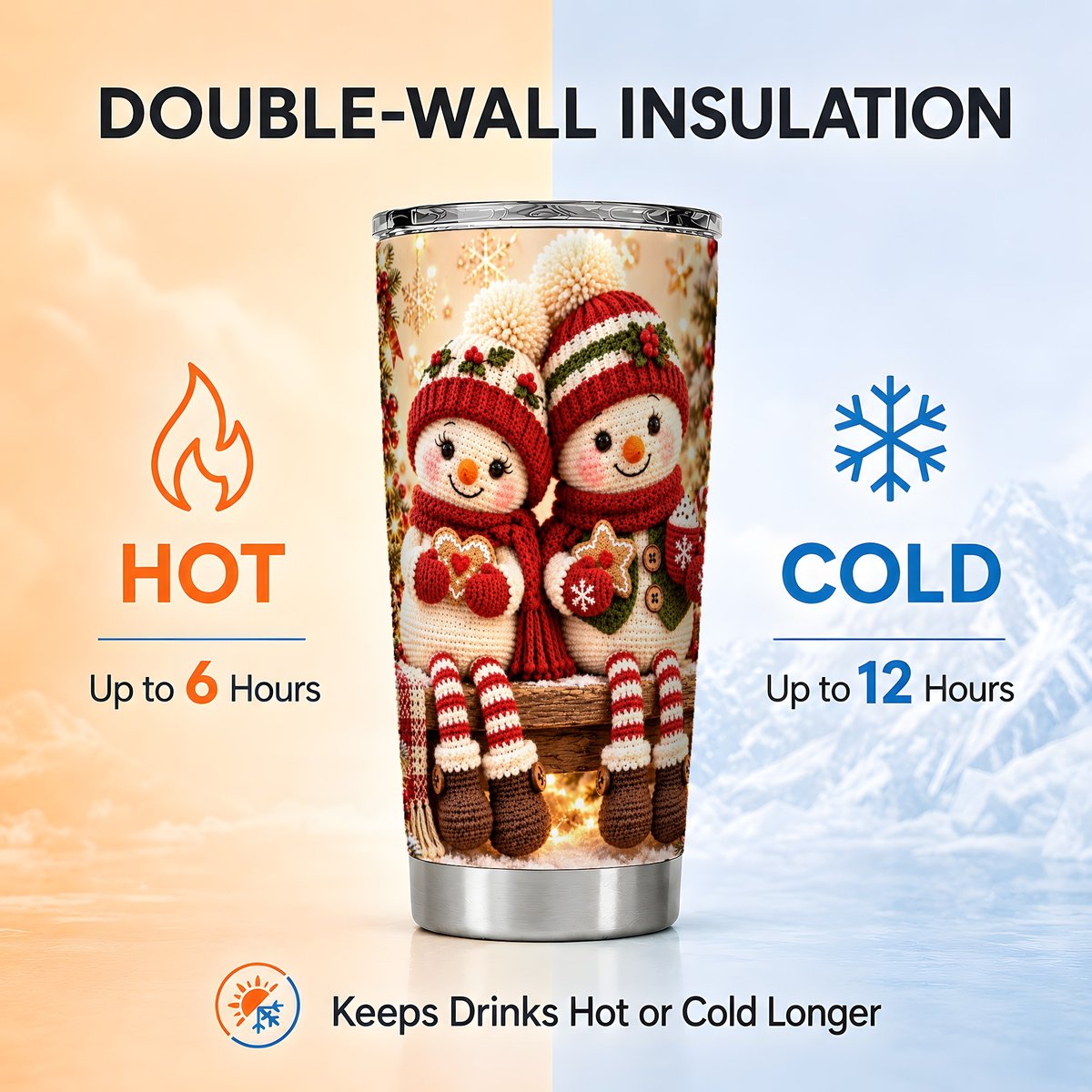 Crochet Snowman Couple Tumbler 20oz, Winter Stainless Steel Travel Cup