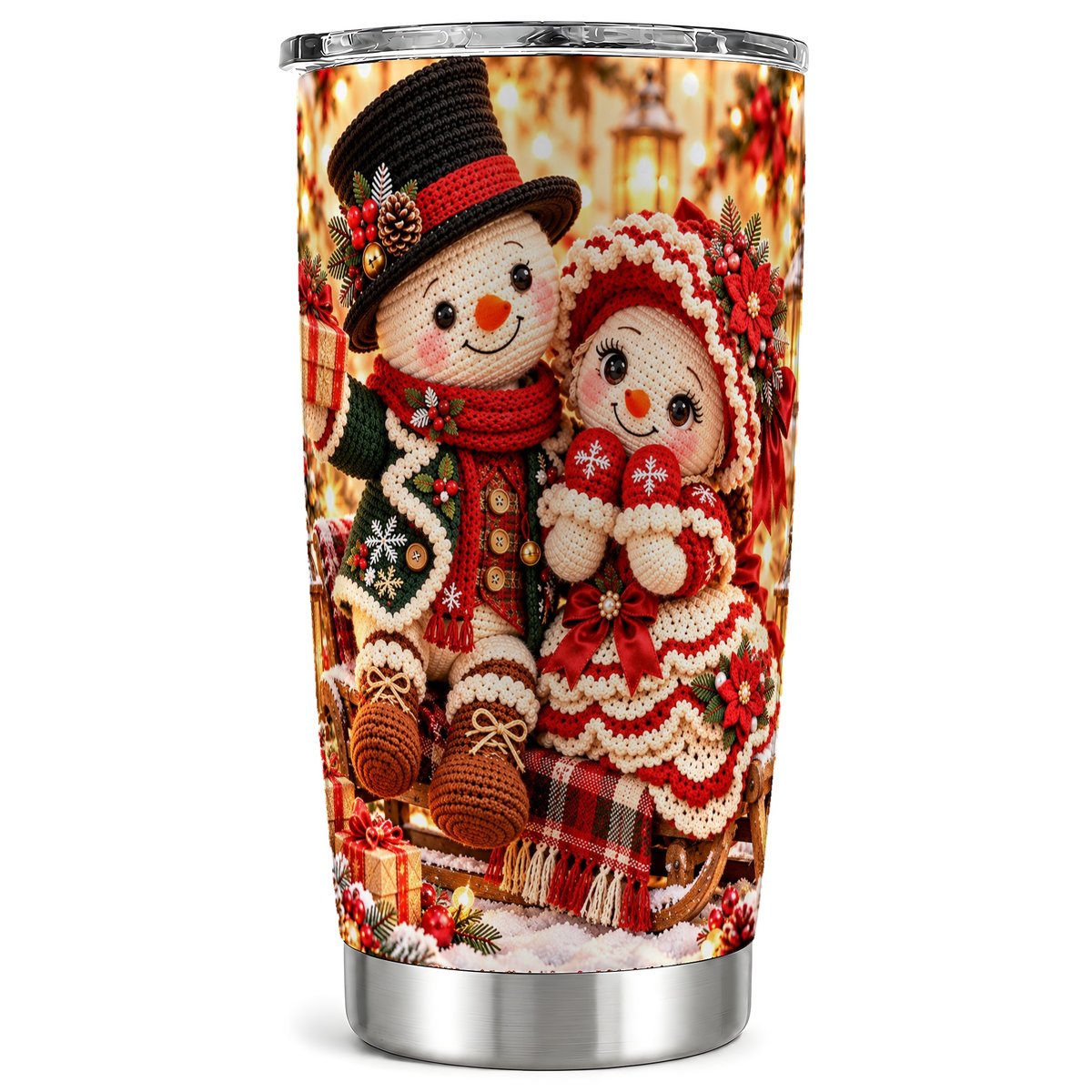 Snowman Sleigh Couple Tumbler 20oz, Stainless Steel Travel Cup