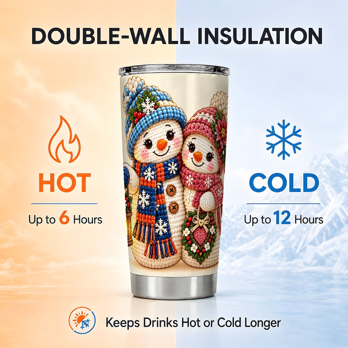 Snowman Winter Couple Tumbler 20oz, Stainless Steel Travel Cup