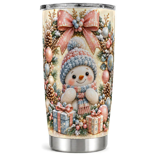 Snowman Wreath Tumbler 20oz, Christmas Stainless Steel Travel Cup