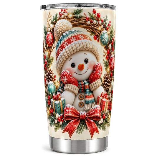 Holiday Snowman Tumbler 20oz, Wreath Stainless Steel Travel Cup