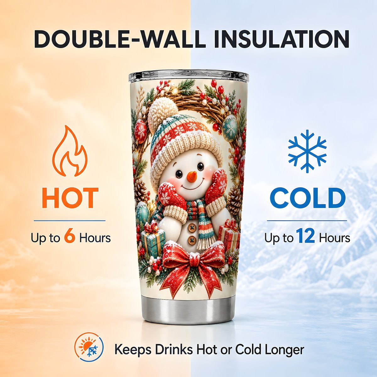 Holiday Snowman Tumbler 20oz, Wreath Stainless Steel Travel Cup