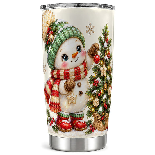 Porcelain Snowman Tumbler 20oz, Holiday Tumbler, Stainless Steel Travel Cup