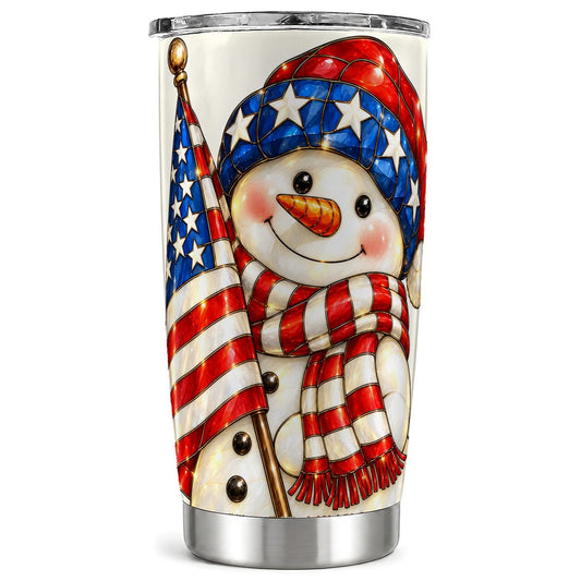 Patriotic Snowman Tumbler 20oz, USA Flag Tumbler, Stainless Steel Travel Cup