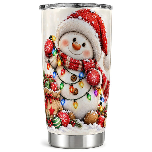 Christmas Snowman Tumbler 20oz, Holiday Lights, Stainless Steel Travel Cup