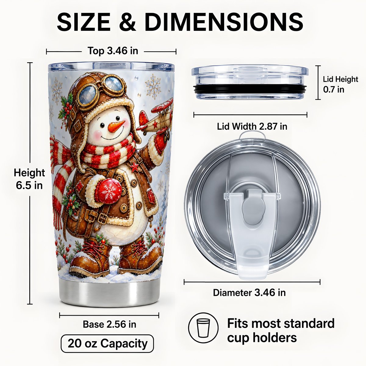 #pl[Steel] Aviator Snowman Tumbler 20oz, Pilot Art, Stainless Steel Travel Cup
