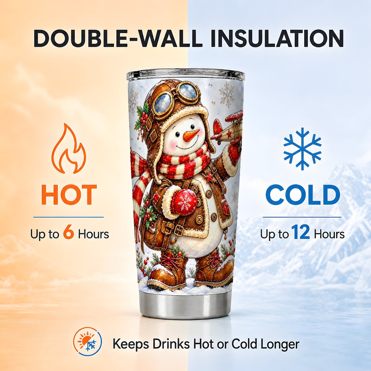 Aviator Snowman Tumbler 20oz, Pilot Art, Stainless Steel Travel Cup