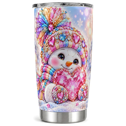 Gem Heart Snowman Tumbler 20oz, Pastel Stainless Steel Travel Cup