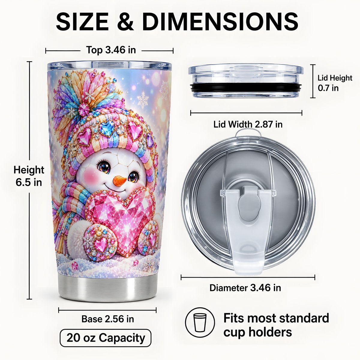 #pl[Steel] Gem Heart Snowman Tumbler 20oz, Pastel Stainless Steel Travel Cup