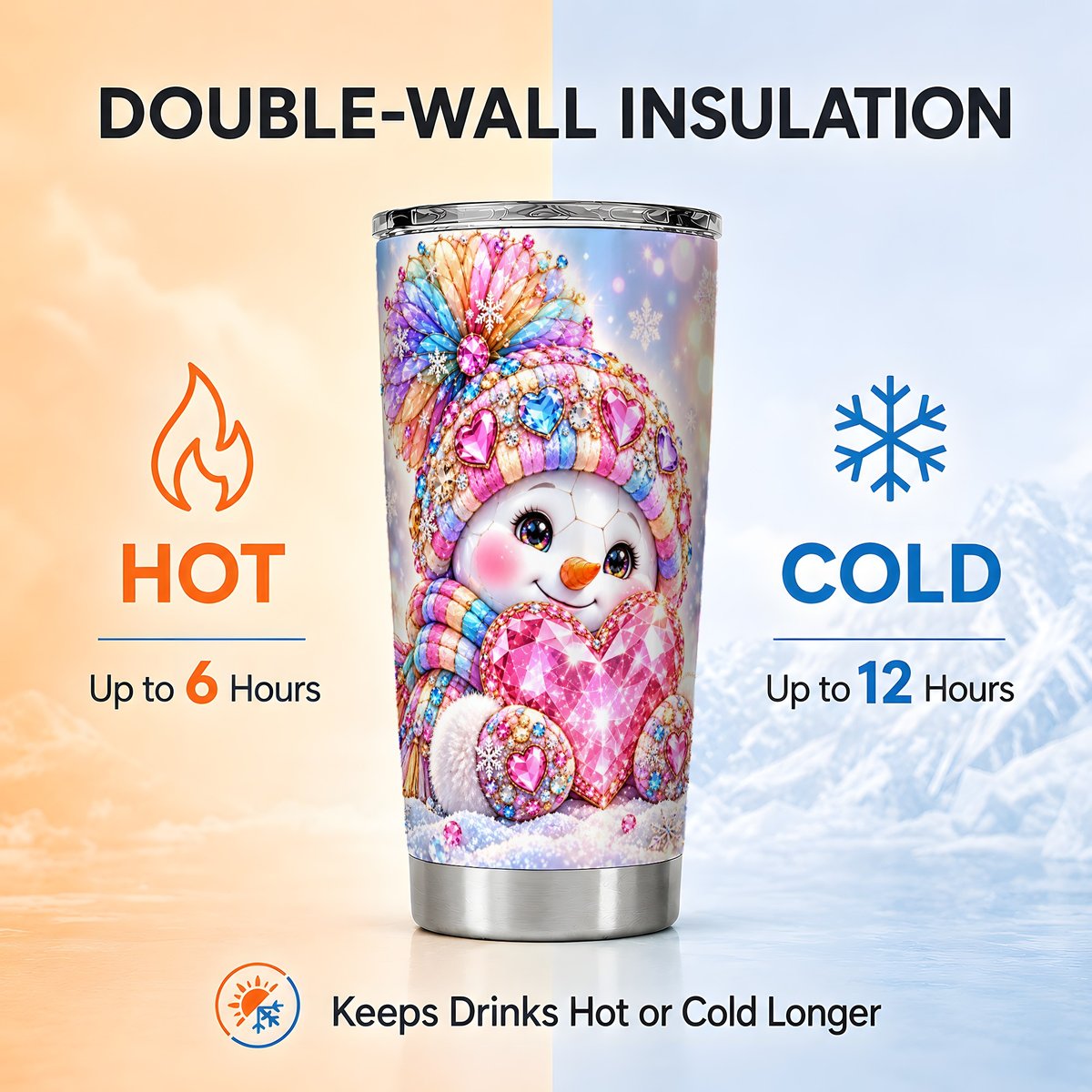 Gem Heart Snowman Tumbler 20oz, Pastel Stainless Steel Travel Cup