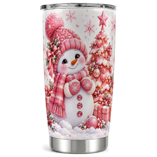Pink Snowman Tumbler 20oz, Christmas Stainless Steel Travel Cup