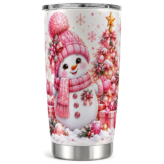 Pink Snowman Tumbler 20oz, Christmas Tumbler, Stainless Steel Travel Cup