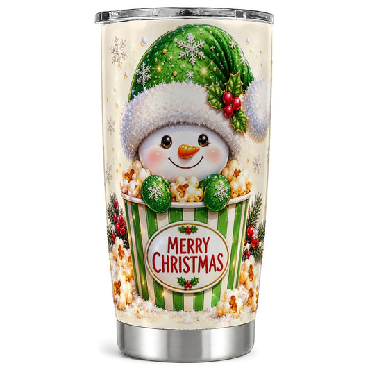 Popcorn Snowman Tumbler 20oz, Holiday Tumbler, Stainless Steel Travel Cup