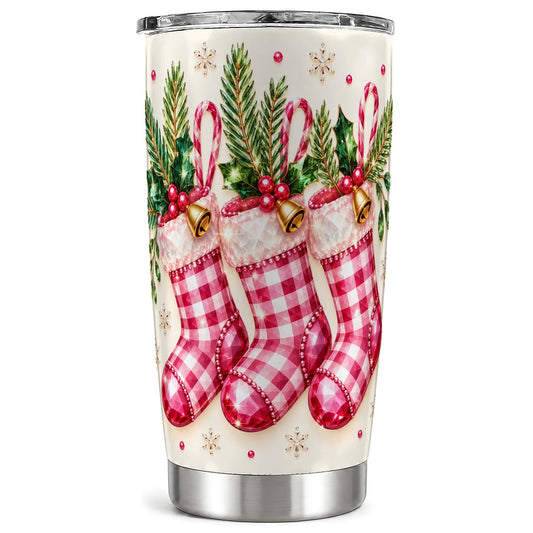 Pink Plaid Stockings Tumbler 20oz, Christmas Tumbler, Travel Cup