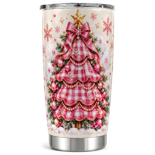 Pink Plaid Christmas Tree Tumbler 20oz, Holiday Tumbler, Travel Cup