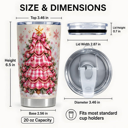 #pl[Steel] Pink Plaid Christmas Tree Tumbler 20oz, Holiday Tumbler, Travel Cup