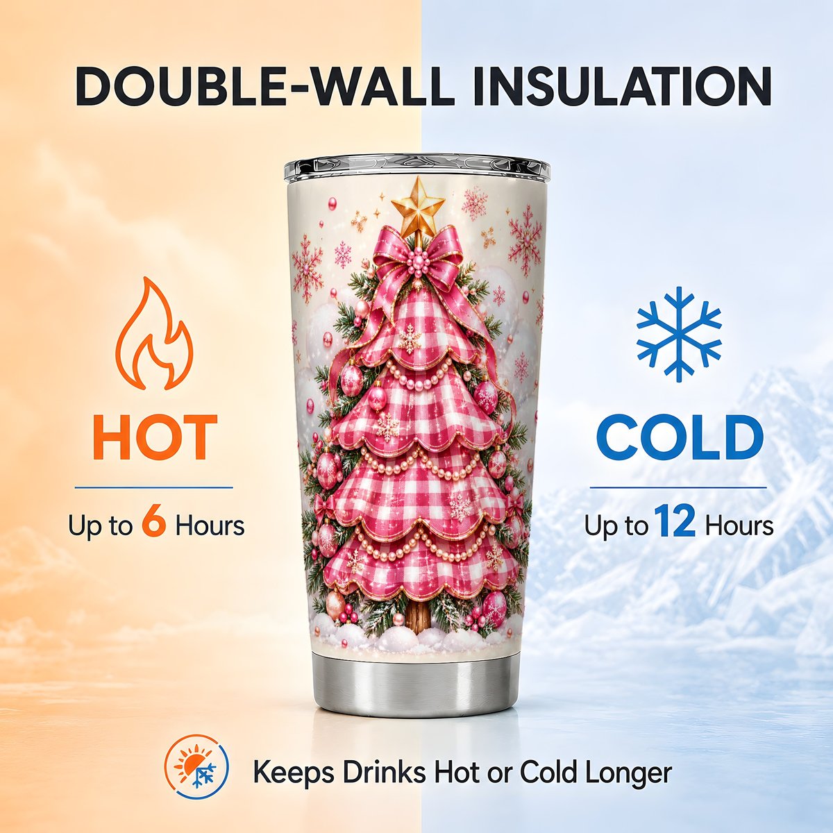 Pink Plaid Christmas Tree Tumbler 20oz, Holiday Tumbler, Travel Cup