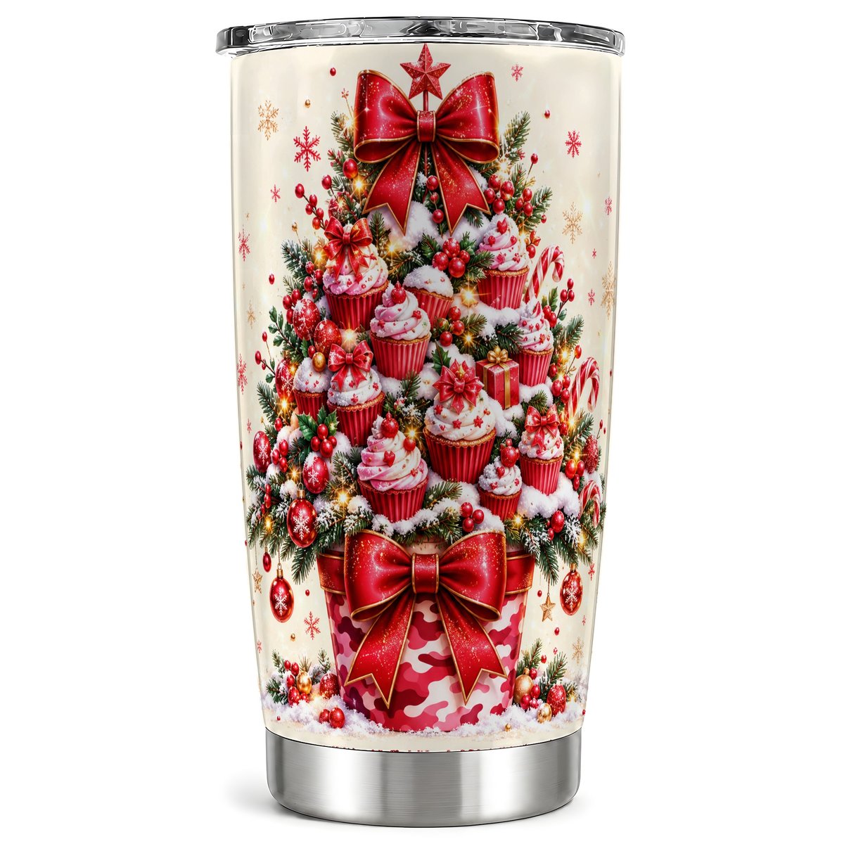 Christmas Cupcake Tree Tumbler 20oz, Holiday Stainless Steel Travel Cup