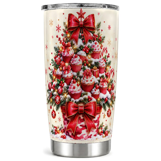 Christmas Cupcake Tree Tumbler 20oz, Holiday Stainless Steel Travel Cup