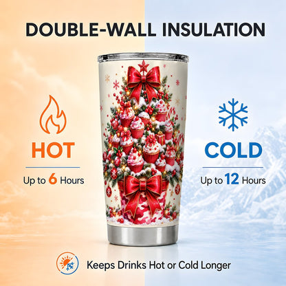 Christmas Cupcake Tree Tumbler 20oz, Holiday Stainless Steel Travel Cup
