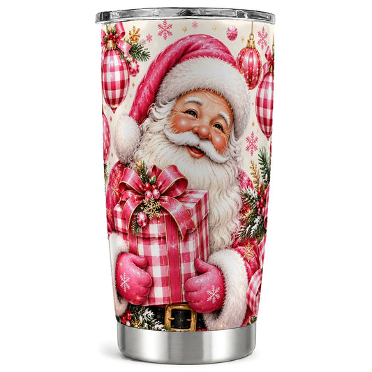 Pink Santa Claus Tumbler 20oz, Plaid Holiday Stainless Steel Travel Cup