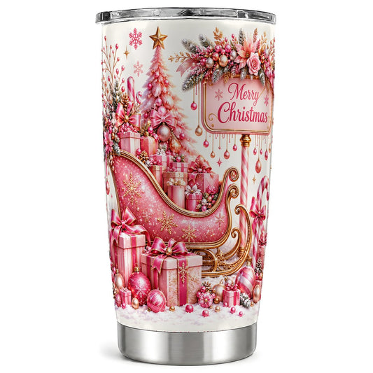 Pink Christmas Sleigh Tumbler 20oz, Holiday Stainless Steel Travel Cup