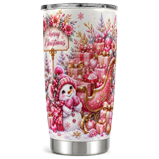 Pink Christmas Snowman Tumbler 20oz, Winter Stainless Steel Travel Cup
