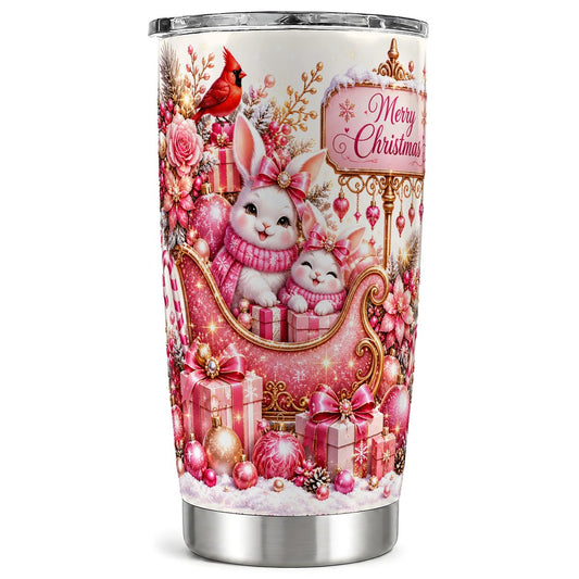 Christmas Bunnies Tumbler 20oz, Pink Stainless Steel Travel Cup