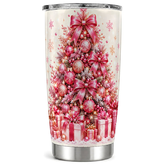 Pink Christmas Tree Tumbler 20oz, Holiday Decor Tumbler, Travel Cup