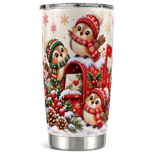 Christmas Birds Tumbler 20oz, Winter Mailbox Tumbler, Holiday Travel Cup