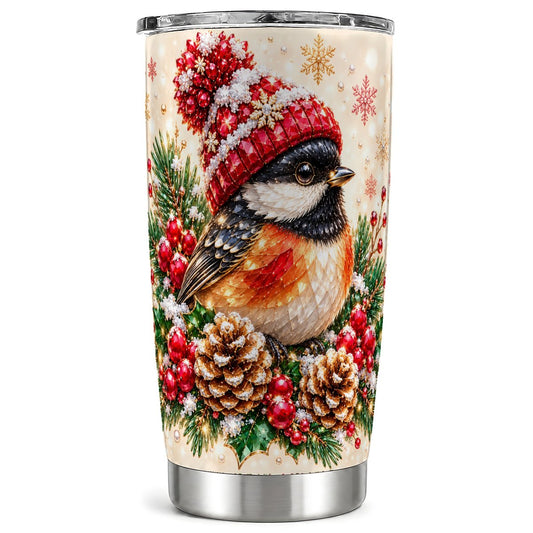 Christmas Chickadee Tumbler 20oz, Winter Bird Tumbler, Holiday Travel Cup