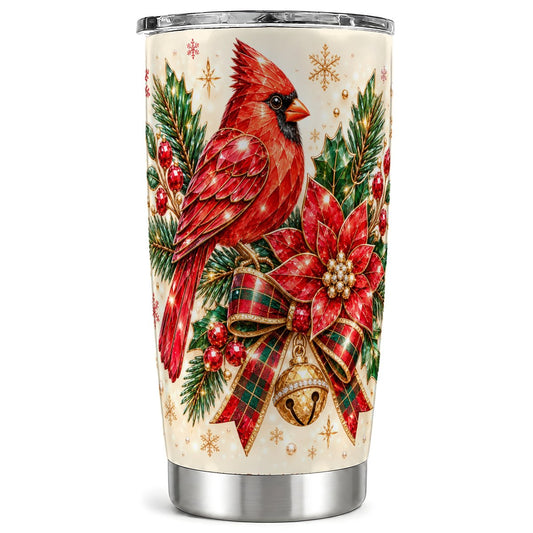 Christmas Cardinal Tumbler 20oz, Poinsettia Bird Tumbler, Travel Cup
