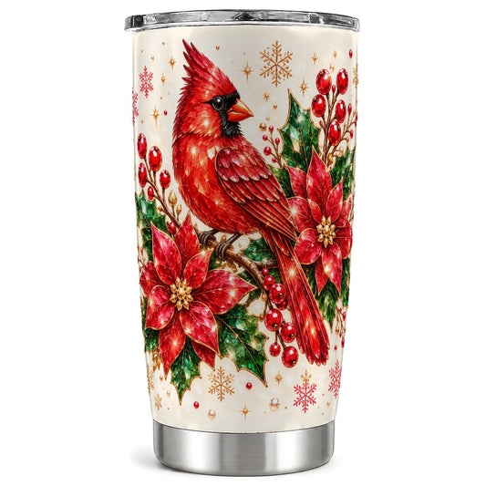 Red Cardinal Floral Tumbler 20oz, Bird Tumbler, Stainless Steel Travel Cup