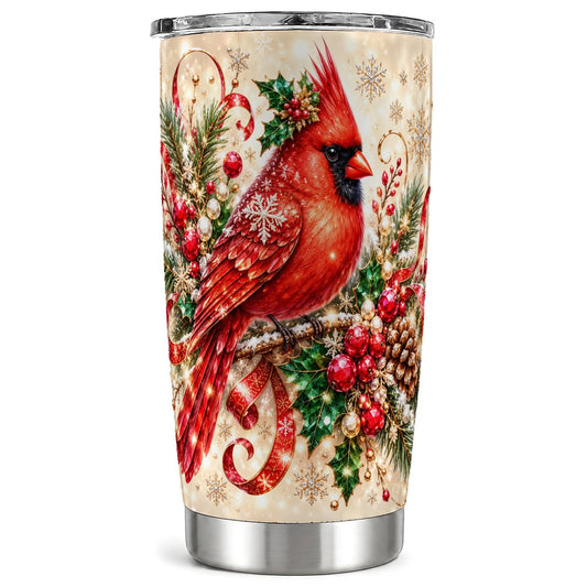 Winter Cardinal Tumbler 20oz, Bird Tumbler, Stainless Steel Travel Cup