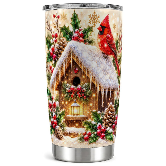 Snowy Birdhouse Tumbler 20oz, Cardinal Tumbler, Stainless Steel Travel Cup