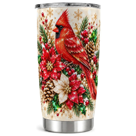Red Cardinal Tumbler 20oz, Poinsettia Tumbler, Stainless Steel Travel Cup
