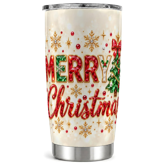Merry Christmas Tumbler 20oz, Jeweled Stainless Steel Travel Cup