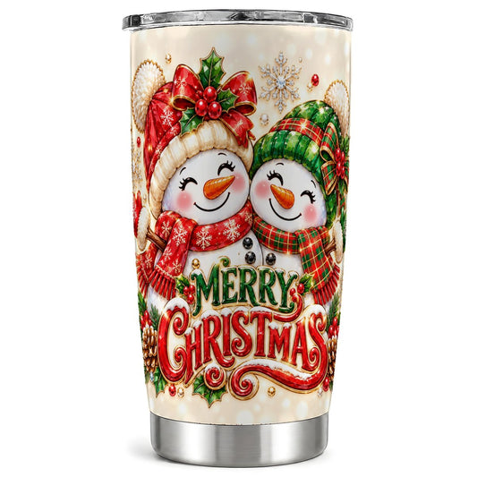 Christmas Snowman Couple Tumbler 20oz, Holiday Stainless Steel Travel Cup