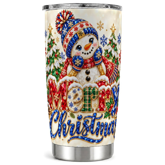 Merry Christmas Snowman Tumbler 20oz, Festive Stainless Steel Travel Cup