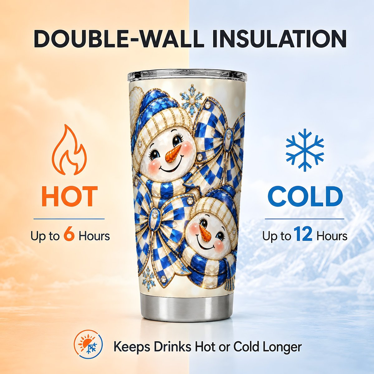 Blue Snowman Pair Tumbler 20oz, Winter Stainless Steel Travel Cup