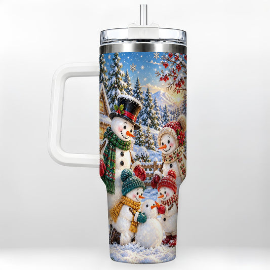 Snowman Family 40oz Tumbler with Handle, Christmas Village Art