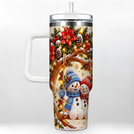 Snowman Couple 40oz Tumbler with Handle, Holiday Swing Artwork