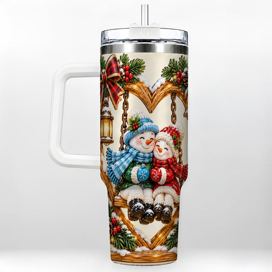 Snowman Couple 40oz Tumbler with Handle, Romantic Winter Artwork