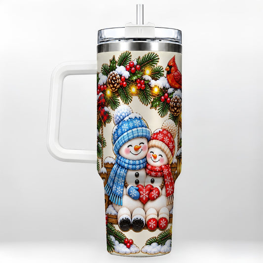 Snowman Couple 40oz Tumbler with Handle, Cozy Christmas Heart