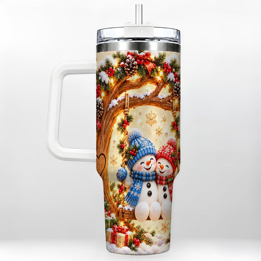 Snowman Couple 40oz Tumbler with Handle, Christmas Winter Drinkware