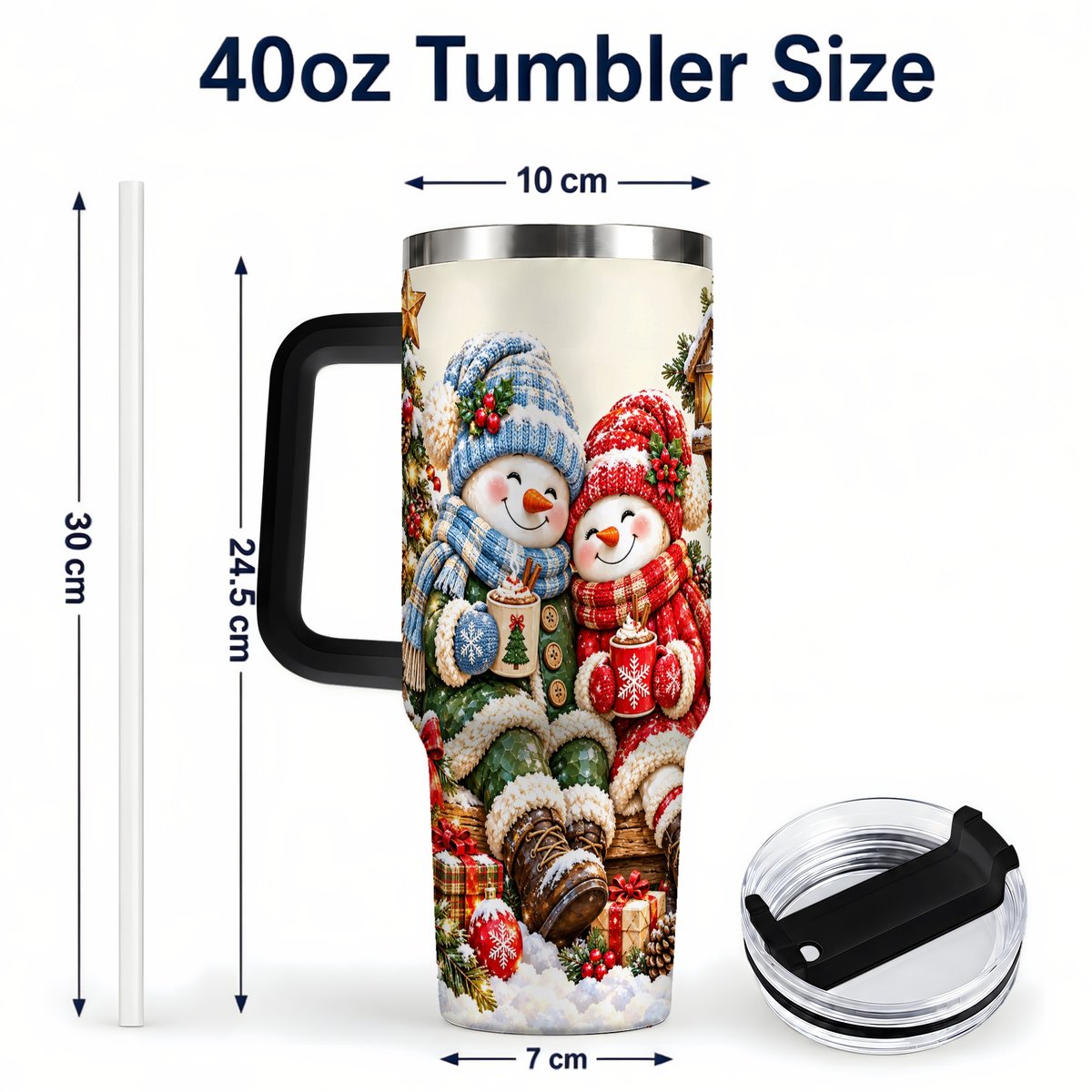 #pl[Black] Snowman Couple 40oz Tumbler with Handle, Cozy Christmas Scene