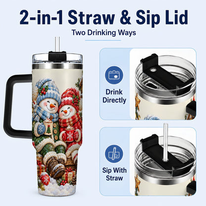 #pl[Black] Snowman Couple 40oz Tumbler with Handle, Cozy Christmas Scene